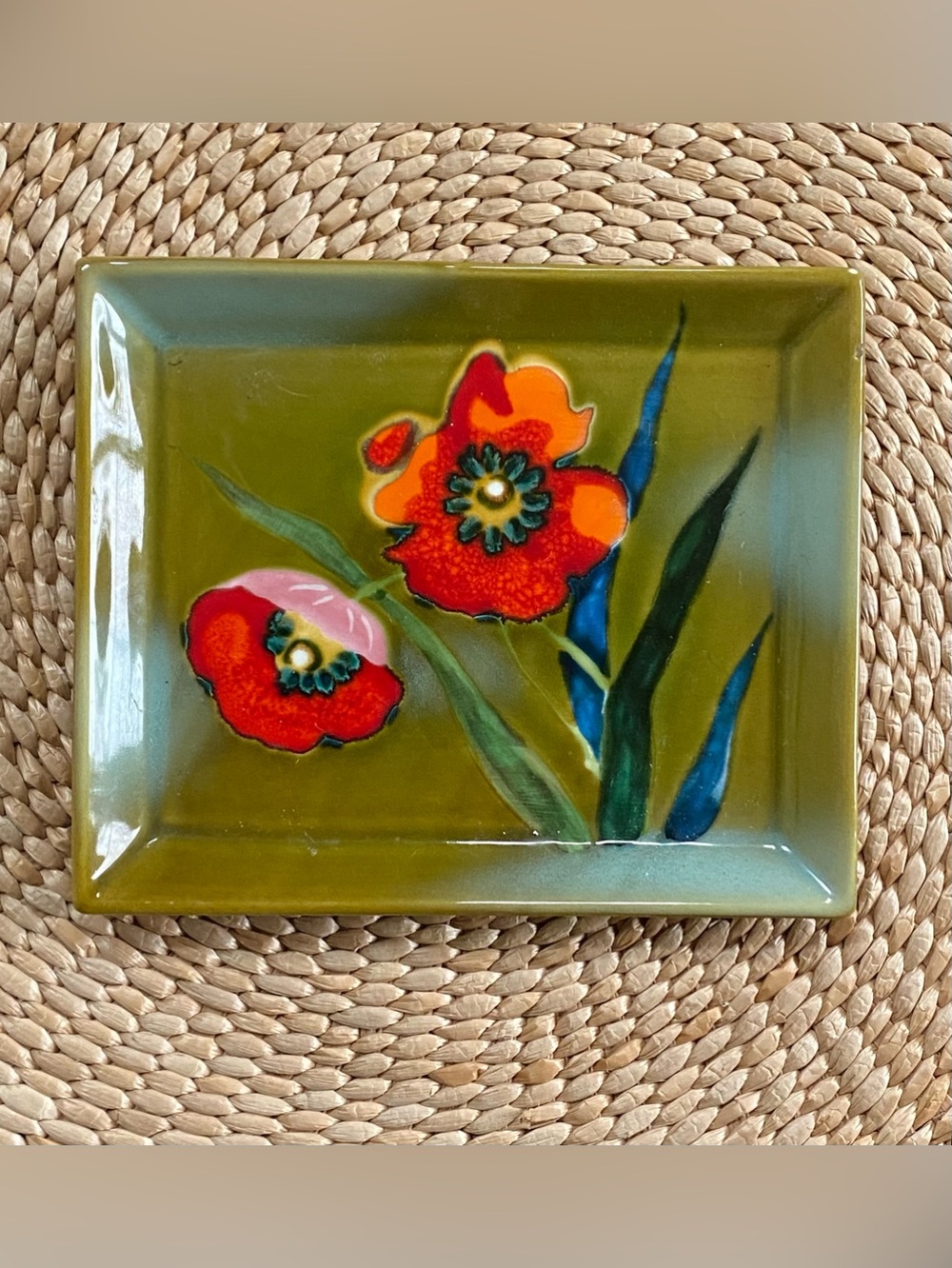 Vintage Japanese Ceramic Poppy Dish Mid-Century Hand Painted Wall Decor